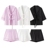 Fongt Summer New Fashion Collar Long-Sleeved Shirt + High Waist Hollow Shorts Women 1932