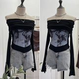 Fongt Shooting Maillard Wasteland Wind Word Shoulder Long-Sleeved Top Print Spliced Knitted Horn Sleeve Short T-Shirt 2663