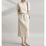 Fongt Summer New Fashion Sports Casual Lazy Set Soft Short-Sleeved Top + Open Skirt Suit