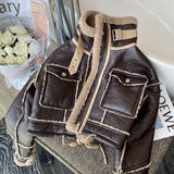 Lambswool Jacket Winter Thickened Plus Velvet Motorcycle Faux Leather Stitching Coat PU Plush Cardigan Stand Collar Tops-Outfit