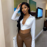 2023 New Women's Sexy Long Sleeve White Shirt Short Top Female Shirt-Outfit