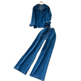 Fongt Wind High-End Retro Lapel Long-Sleeved Cowboy Topess 2025 Autumn Dress High-Waisted Casual Broad-Legged Straight Trousers