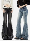 high street retro hottie micro-flare jeans women American Y2k autumn and winter raw edge splicing slim trousers-Outfit