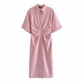 2022 Short Sleeve Summer New Women Fold Mini Dress Retro Slim Elastic Button Pleated Shirt Lapel