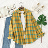 New Women Vintage Oversize Flannel Plaid Shirt With Pockets Full Sleeve Turn Down Collar Blouse Casual Basic Tops