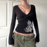 Fongt V-Neck Temperament Retro Print T-Shirt 2025 Autumn New Slim Long-Sleeved Top