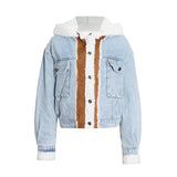 Fongt Blue Denim Lamb Hair Spring 2024 New Splicing Personality Single Breasted Short Coat Woman-Outfit