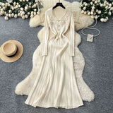 Fongt Fragrant High-End Feel Fashionable Doll Collar Long Sleeve Metal Buckle Waist Knitted Dress Women Autumn Slim Dress