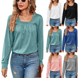2023 New Casual Square Collar Pure Color Pleated Long-Sleeved Top T-Shirt Women-Outfit