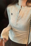 Button Half-Open Collar Embroidery Short Casual Style Minority Long-Sleeved T-Shirt New Spring Blouse For
