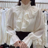 Chic Ruffles Stitching Elegant Blouse Woman Stand Collar Button Chiffon Shirt Long Flare Sleeve Fashion Loose Tops