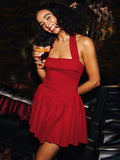 Halter Neck Sleeveless Pleated Mini Dress-Outfit