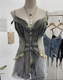 Fongt Shot Vintage Babes With Thaired Hairy Denim Sling Vest Short Umbilly Sleeveless Top 2690