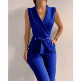 Office Lady Solid Color Jumpsuits Hollow Out Design Zipper Pockets Button Belt Decor V-Neck Sleeveless Slim Hips