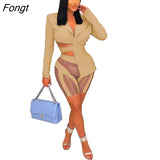 Women Solid Blazer Suit 2 Piece Sets Notched Long Sleeve Lace Up Bandage Asymmetrical Top Sheer Mesh Patchwork
