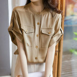 Safari Style Solid Pockets Casual Top Women Vintage Shirts Summer 2023 Patchwork Chiffon Basic Round Neck Blouse-Outfit