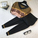 Two Piece Sets Women Vintage Print Long Sleeve V-neck Patchwork Pullover Suit Ankle-length Pants Tracksuit Knit