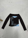 Fongt Printing Color And Fake Two-Piece T-Shirt Girl 2025 Autumn Ins Bottom New Top