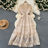 Fongt Retro Court Dress Women's Waist Thin Temperament Bubble Sleeve Lace Splicing Big Swing Dress Dress