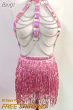 Women PU Leather Harness 2 Piece Set Sexy Hollow Out Metal Chest Chain With Tassel Sequins Mini Skirt Gothic Party Club