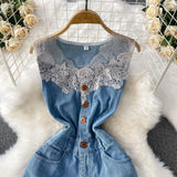 Fongt Lace Splicing V-Neckless Denim Dress Women's Summer Senior Feeling Lanky Dress