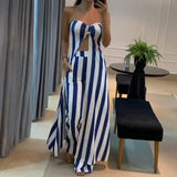 Fongt 2025 New Fashion Stripe Sexy Umbilked T-Shirt Trouser Dress Suit Woman