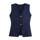 Fongt Women's Solid-Colored Gold Button-Wear Knitted Vest Top