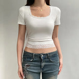 Black Lace Stitched Crop Top Women Casual Short Sleeve Square Collar Slim T-shirts Summer Harajuku Solid Tees y2k Vintage-Outfit