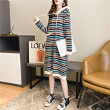 Folk Striped Knitted Dresses Female Clothing Casual Hooded Autumn Winter Commute Fashion Drawstring Straight Midi Dress-Outfit