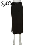 Simple Black Split Sexy Slim Hot Versatile Light Cool Thin Summer Women's Mature Feminine Charm Street Skirt Long-Outfit