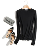 Women Ruffles Long Sleeve T Shirt Spring Autumn Slim Fit Casual Tshirt Female Basic Solid Elastic See-through Tee Y2k Streetwear-Outfit