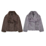 Fongt / Winter 2023 New Women's Lapel Long Sleeve Artificial Fur Press Button Cardigan Loose Short Coat 436024-Outfit
