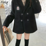 New Women Jacket Loose Black Preppy Style Woolen Coat Notched Collar Fashion Baggy Suit Coat Female