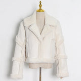Fongt Integrated Thick Coat Female 2024 New Lapel Solid Color Stitching Lamb Wool Short Jacket Female-Outfit