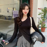 Slim Tees Women Long Sleeve T-shirts Asymmetrical Collar Design Tops Korean Style Solid Skinny Chic Teens Clothes-Outfit