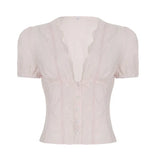 Fongt And Summer Basic Solid Color Dark V Buckle T-Shirt Top Bow Texture Texture To Close The Waist Design Spice Girls Shirt Collection