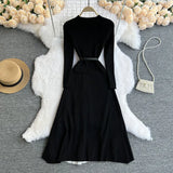 Fongt Knit Splicing Dress Simple Temperament Round Collar Long Sleeve Gradient Slim Thin Long Skirt Woman-Outfit