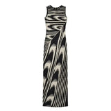 Fongt 2025 New Round-Neck Elastic Body Abstract Cuffless Knitted Long Dress Women Tight-Up