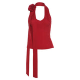 Fongt Summer Women's Solid Color Hanging Neck Stereo Flower Vest High Waist Loose Straight Trousers-Outfit