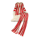 Fongt Women's Summer V-Neck Loose Knitted Cardigan Top + Broad Leg Trousers Set With Striped Hollow Set