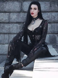 Dark Skull Graphic Emo Mall Gothic Sexy Bodysuits Women Flare Sleeve Mesh See Through Tops Grunge Aesthetic Bandage