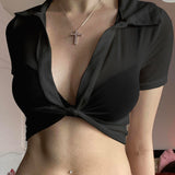 Fongt Careful Machine Perspective Mesh Collar Kinesion Design Short Outer Hoodie Solid Color Top