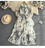 Fongt Style Retro Temperament Short-Sleeved Clapping Single-Dran A-Word Print 100-Fold Shirt Dress Summer