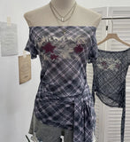 Fongt Y2k Single-Layer Mesh Yarn Printed Short-Sleeved T-Shirt Design With A Word Strap To The Shoulder 1237