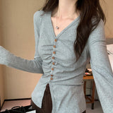 V-Collar Pleated Shoulder Long-Sleeved T-Shirt A New Spring Style Slim Design With A Bottomed