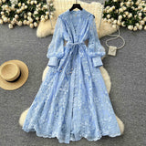 Fongt High-End Women's Dress 2025 Spring Collection Heavy Industry Embroidery V Neck Lantern Sleeve Single Row Buckle Long Skirt