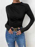 Fongt Solid Color Trim Bottom Shirt Folding Design Long-Sleeved T-Shirt Lady