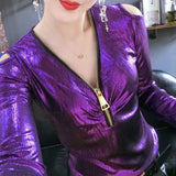 Slim Stylish Zipper Pullovers Sexy V-Neck Cut Out Spring Autumn Long Sleeve Folds Female Solid Color Bright Silk T-shirt-Outfit