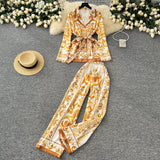 Fongt Fashion Positioning Print Strapping Belt Collar Long Sleeve Top Female High-Waist Broad Leg Straight Trousers Set