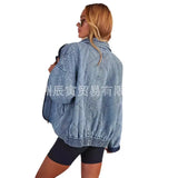 The Ins New Fall Ladies Design Feel Denim Quilted Plus Thick Lapel Loose Double Bag Jacket-Outfit